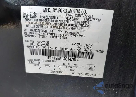 2010 Ford Taurus Sel z USA, uszkodzony, nr VIN 1FAHP2EW0AG147814